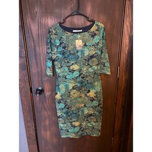 Peruvian Connection Floral Pima Cotton Sheath Dress Teal Gold Navy Size M NWT